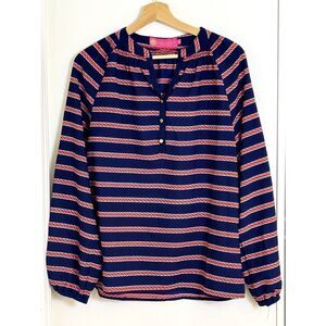 Margaret Josephs Preppy Nautical Navy and Red Long Sleeve Dressy Top Sz Med